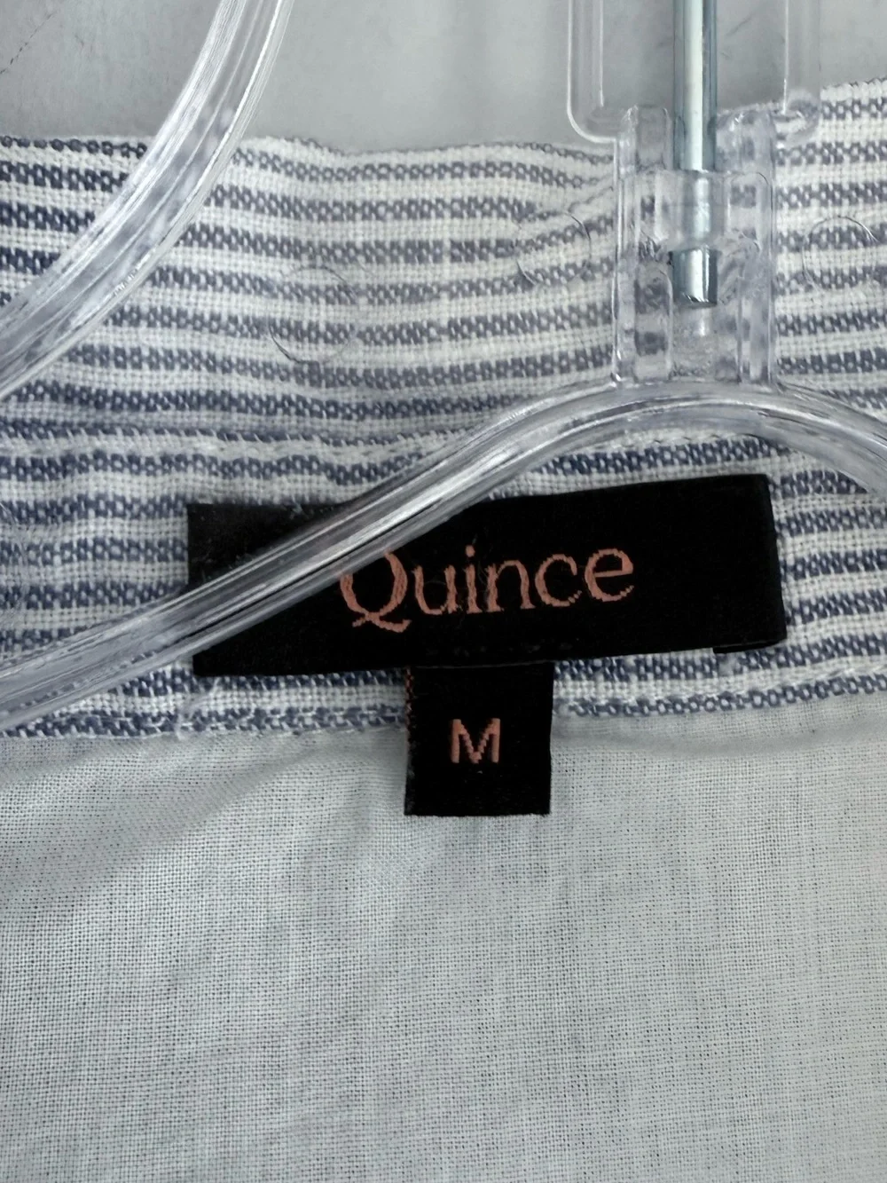 Quince 100% European Linen Popover Mini Dress Blue Pinstripe M Summer Pockets - Picture 8 of 15